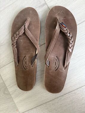 Rainbow Brown Braided Leather Thong Sandals